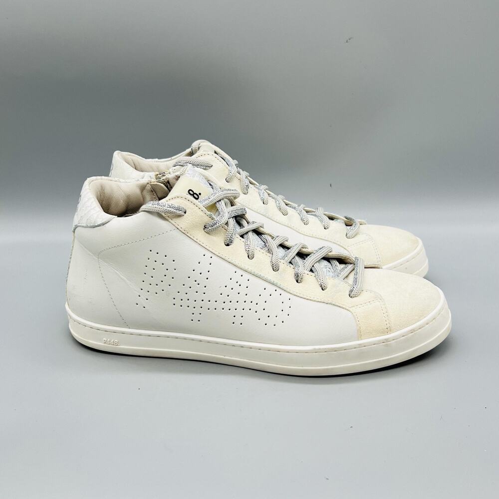 P448 Shoes Womens 9 White Leather Mid Top Zip Sneakers Comfort Walking Casual